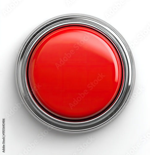 Isolated, glossy, round red button with a shiny chrome rim, viewed from above, white background