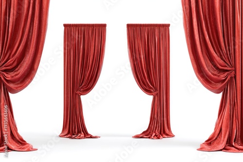 Crimson stage curtains, arranged in various stages of being drawn against a white backdrop
