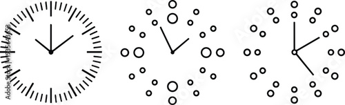 Set of three minimalist wall clock icons featuring modern line art and circle dial designs for creative time management scheduling and contemporary graphic interface elements
