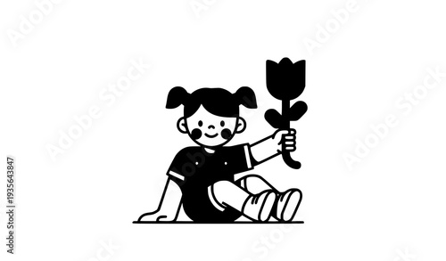 Adorable Preschool Girl Sitting with Pink Tulip – Minimal Flat Vector Character Isolated on White