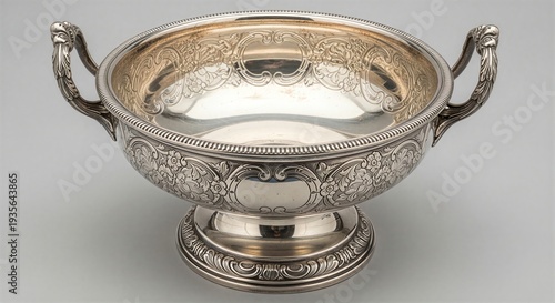Elegant antique silver bowl with handles and ornate design on pedestal base one sentence