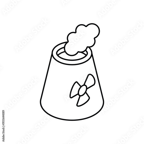 Nuclear Power Plant Chimney Emitting Steam with Radiation Symbol.