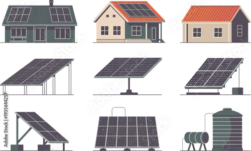 Solar panel illustration set with various house types and mounting systems