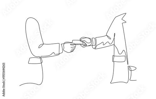 Continuous one line drawing of closeup of businessmen exchanging business card, business contact or building good relationship for company concept, single line art.
