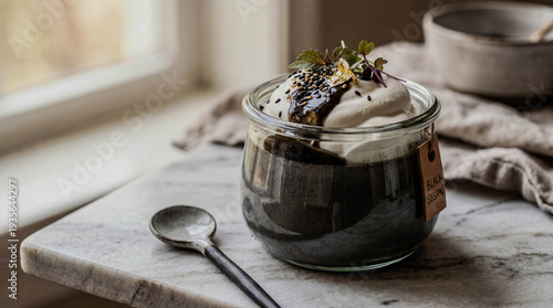 Warm sunlight glows through a window. Glass jar holds rich, dark dessert. Whipped cream crowns the treat, topped with fresh herbs. Small tag rests beside the jar