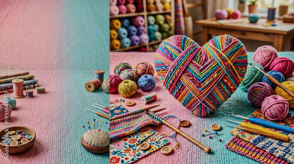 Naklejka premium Heart-shaped yarn sits center, colorful and handmade. Knitting needles, balls, and patterns surround the scene. Soft pastel table adds cozy, creative atmosphere. Warm lighting highlights textures