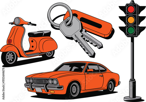 Car orange silhouette illustration with traffic light and scooter