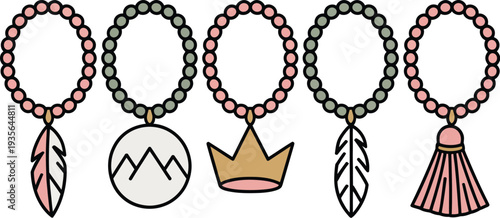 A necklace pendant vector illustration set with various charm types