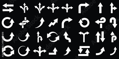 Road traffic direction arrows flat set. You-turn, left, right, two way, three way transportation direction arrow symbol. decision icon vector Trafic way icon