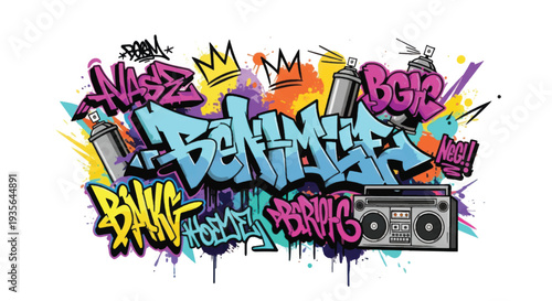 Colorful urban graffiti mural featuring boombox and bold lettering.