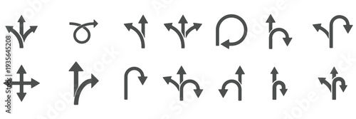 Collection of black vector arrows in various directions and styles. Includes flat arrow icons for navigation, user interface, road signs, and wayfinding. Features turning arrows, Vector Illustration.