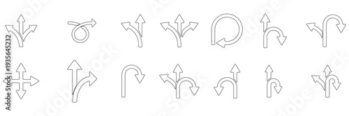 Collection of black vector arrows in various directions and styles. Includes flat arrow icons for navigation, user interface, road signs, and wayfinding. Features turning arrows, Vector Illustration.