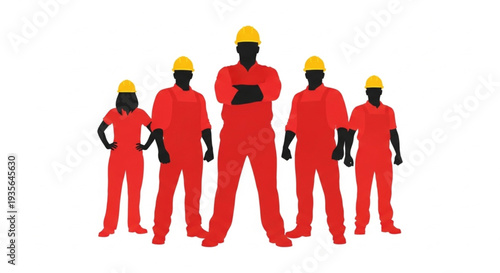 Team of construction workers in red uniforms and yellow helmets standing together.