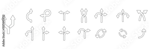 
Navigation direction arrows icon set collection with multiple path choices, decision making and road fork symbols in blue and gray isolated on white background vector.