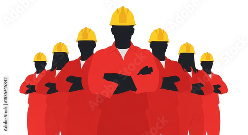 Team of construction workers in red uniforms and yellow helmets.