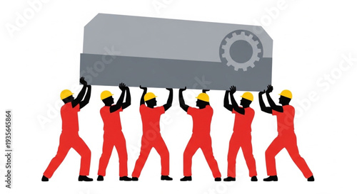 Teamwork Industrial Workers Carry Heavy Machinery Together.