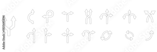 
Navigation direction arrows icon set collection with multiple path choices, decision making and road fork symbols in blue and gray isolated on white background vector.