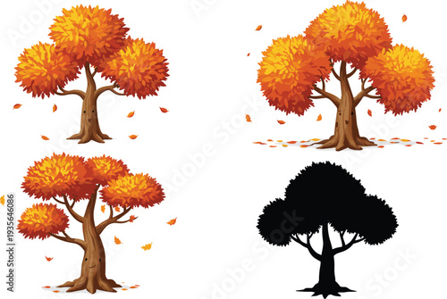 Autumn fall season trees illustration, orange foliage nature design, cartoon forest landscape background, seasonal leaves vector artwork, outdoor environment graphic.
