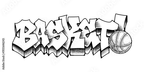 Basketball Graffiti Throw Up Lettering in Black and White Old School Style with Pointillism Detail and Sports Vector Illustration.