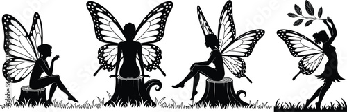 Black Fairy Silhouette Set with Butterfly Wings Sitting on Tree Stumps in Grass Field Vector Illustration for Laser Cut SVG