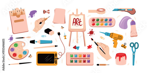A set of elements for art, drawing, creativity, and hobbies, hand-drawn in a flat style. Vector design on a white background.