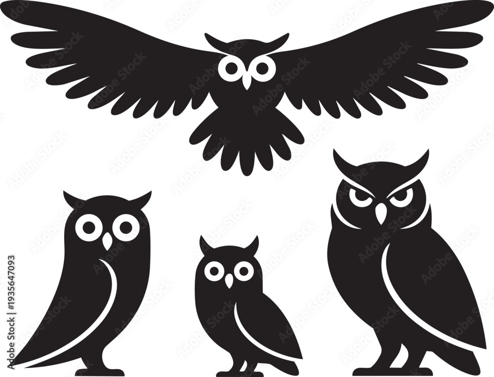 Fototapeta premium Owl Silhouette Collection Black Bird Vector Illustration