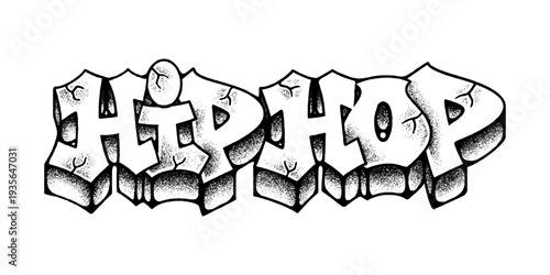 Hip Hop Graffiti Throw Up in Classic Black and White Old School Style with Detailed Pointillism Texture Vector Graphic.