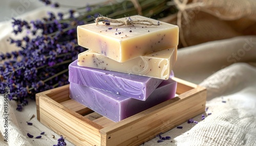 Stack of Natural Soaps on Wooden Tray with Lavender and Beige Fabric