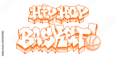 Hip Hop And Basket Graffiti Throw Up Design in Orange and White Old School Style with Pointillism Shading and Urban Street Art Vector.