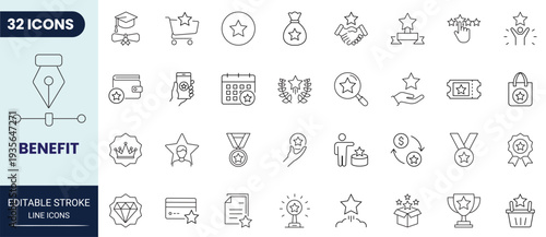 Benefit outline icon collection with smooth curves and consistent line weight. Suitable for rewards, advantages, and service concepts. Fully editable stroke vector.