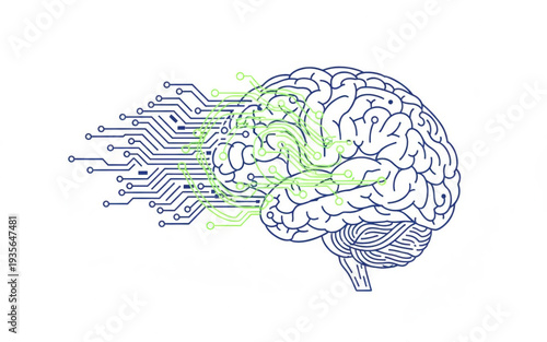 Illustration of a human brain with circuit board patterns emerging from the left side, symbolizing artificial intelligence and technological advancement viewed from the side.