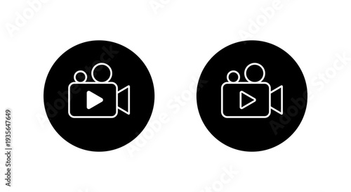 Video play outline icon in black circle. Film camera symbol. Media recording sign