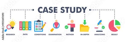 Case study banner web flat vector illustration concept with icon of research, data, conditions, examination, method, in-depth, analyzing, and result