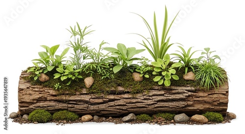 Log planter with various green plants and rocks on white background
