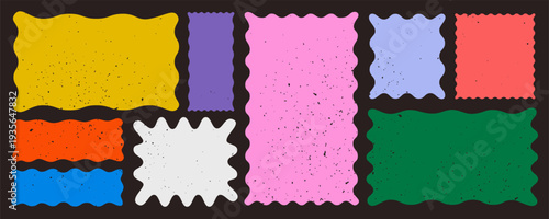 Frame rectangle shape square doodle set with colorful wavy blocks in yellow, purple, pink, blue, red, orange and green on dark background. Rectangle and square vector frames with grain texture