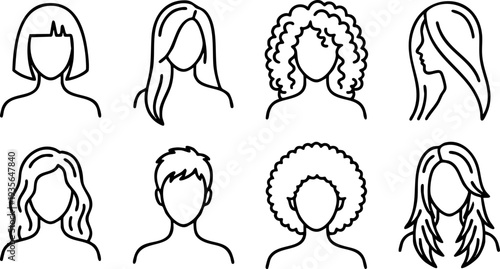 Set of 8 diverse hair styles vector icons