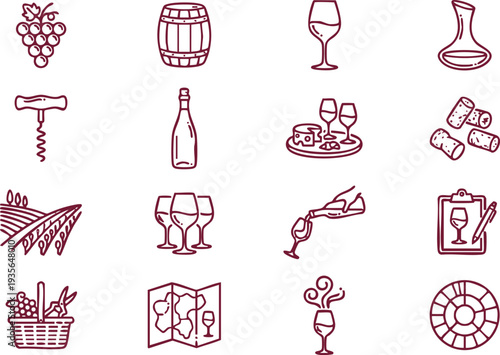 Set of 16 wine and viticulture icons vector featuring grapes, barrel, bottle, corkscrew, vineyard, and tasting elements in burgundy line art style