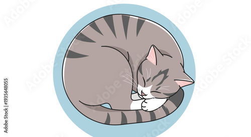 Cartoon cat curled up in a circle with stripes and white markings