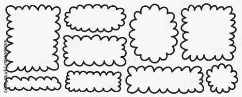 Hand drawn wavy shape frame set with square and rectangle doodle outlines in bold black line. Soft organic borders for text blocks, posters, stickers and playful branding layouts.