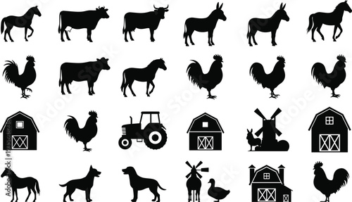 Black Farm Animal Silhouette Set with Horse Cow Donkey Rooster Barn Tractor Windmill Rural Agriculture Icon Collection Vector Isolated Design