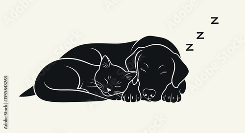 Sleeping cat and dog silhouette illustration shows peaceful companionship