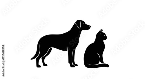 Black silhouette of a sleeping cat nestled with a dog
