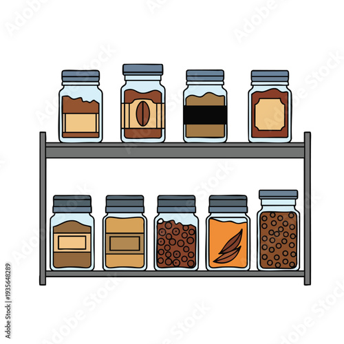 Organized Storage of Spices and Herbs in Glass Jars on a Shelf