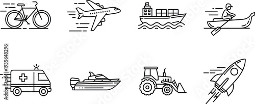 Transportation Line Icon Set Featuring Bicycle Airplane Cargo Ship Canoe Ambulance Speedboat Tractor Rocket Modern Mobility Vector Collection