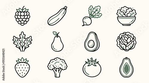 Set of 12 Outline Fruit and Vegetable Icons Vector