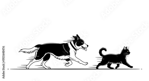 Dog chasing cat illustration black and white active animals on white backdrop