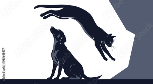 Dog and cat silhouettes jumping and looking upwards against a white background