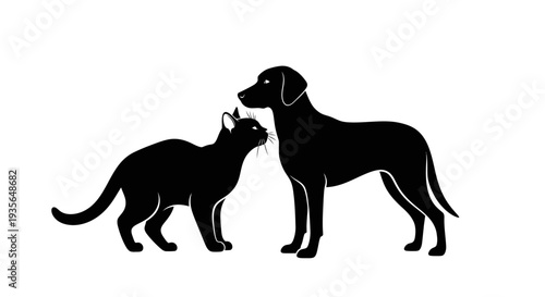 Black silhouette of dog and cat standing side by side against a white background
