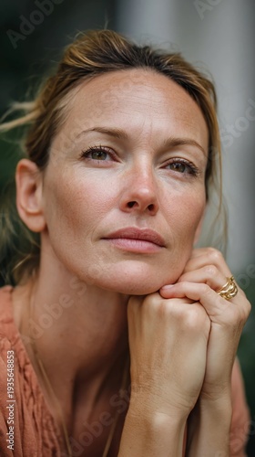 Close up portrait of a thoughtful mature woman resting chin on clasped hands looking upward