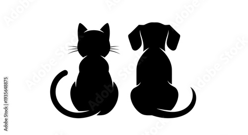Black silhouette of cat and dog sitting together isolated on white background